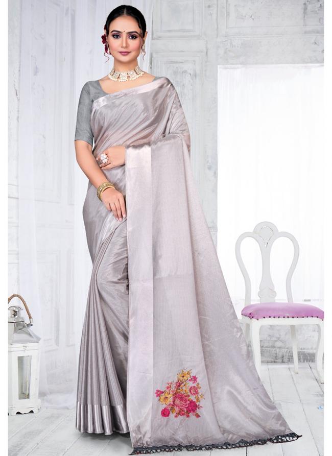 Chinon Grey Festival Wear Embroidery Work Saree